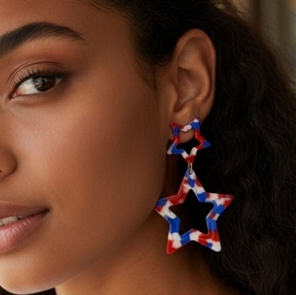 Red White Blue Star Dangle Earrings Tie Dye Acrylic Double Star Patriotic Chic